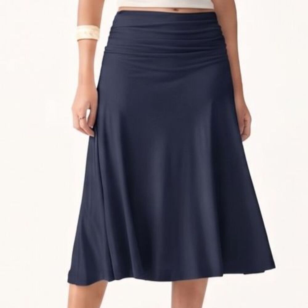 OGL Eco-SkinKiss Soft Stretchy Flowy Side Ruched A-line Midi Skirt Navy Size L